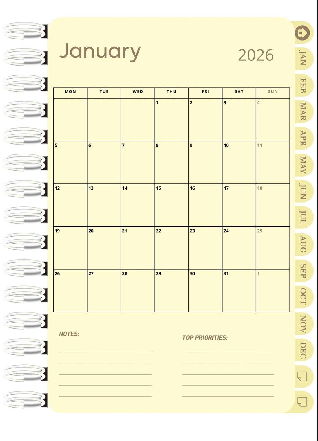Digital 2026 monthly planner in yellow
