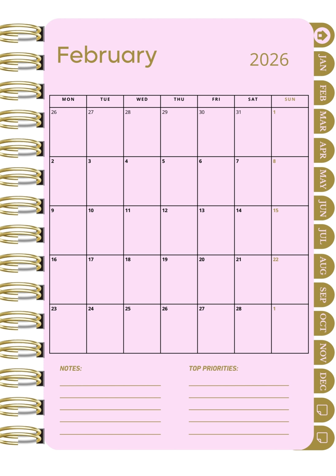 Digital 2026 monthly planner in pink